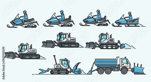 Set of Winter Maintenance Vehicles and Snowmobiles Icons