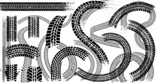 Grunge tire tracks and skid marks vector set. Abstract dirty car treads pattern and overlapping elements isolated on white background