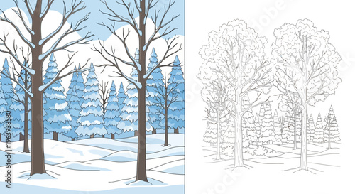 Winter Forest Coloring Page with Colorful Example