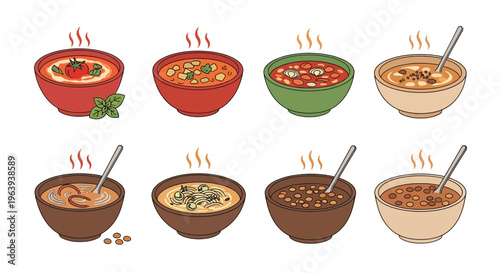Set of Various Hot Soups in Bowls Hand Drawn Illustration