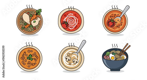 Set of Hand Drawn Delicious Hot Soup and Noodle Bowls