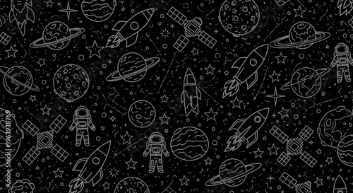 Seamless Space Pattern with Hand Drawn Rockets Planets and Astronauts