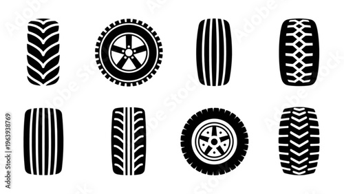 Collection of different tire tread patterns in black and white illustration style