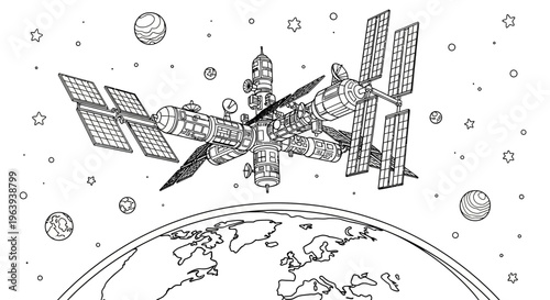 Space Station Orbiting Earth Line Art Illustration
