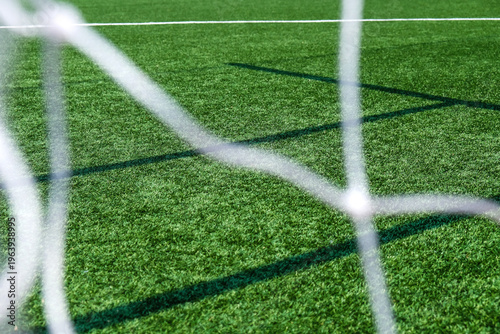 Soccer field green grass and net background. Football or soccer field