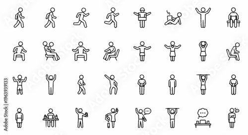 Diverse Stick Figure Poses - Walking, Running, Sitting, and Expressing Emotions.