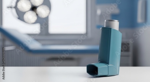 Teal inhaler on a white table in a medical examination room, blurred background