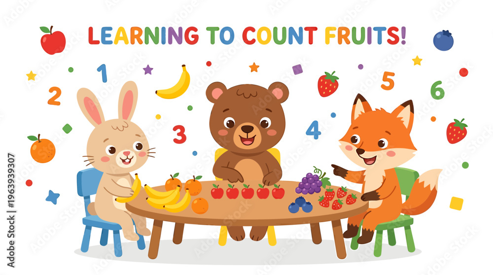 Obraz premium Cute Animals Learning to Count Fruits: Bunny, Bear, Fox with Bananas, Apples, Berries