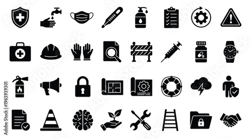 Collection of black icons for safety health and protection on white background including symbols for medical care personal protective equipment and emergency response