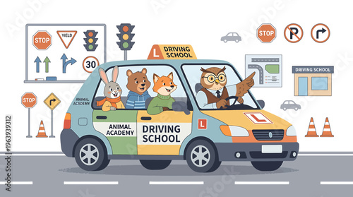 Cute Animals Learning to Drive at Driving School in a Car