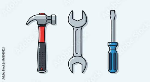 Set of Hand Tools Including Hammer Wrench and Screwdriver Illustration