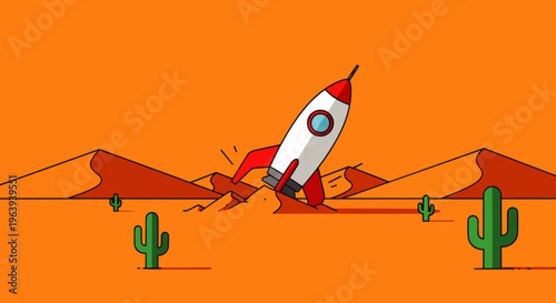 cartoon rocket crash in desert landscape an unsuccessful landing amidst sand dunes and cacti depicting a tech issue.