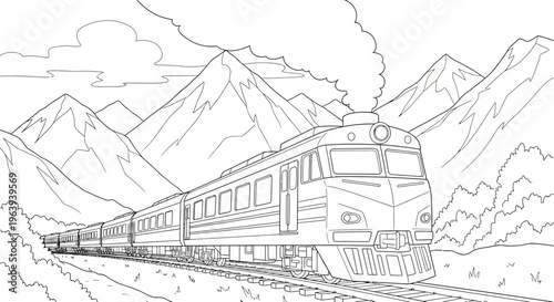 Coloring Page Featuring a Passenger Train Traveling Through Mountainous Landscape