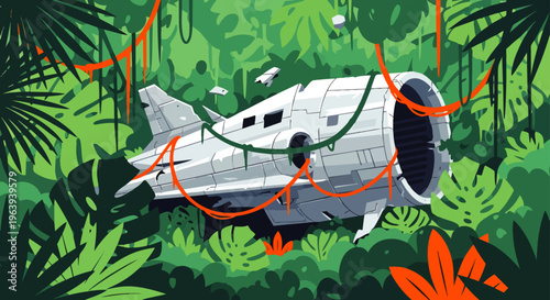 crashed spaceship lies abandoned and overgrown in a vibrant tropical jungle evoking sci-fi mystery and nature reclaiming technology