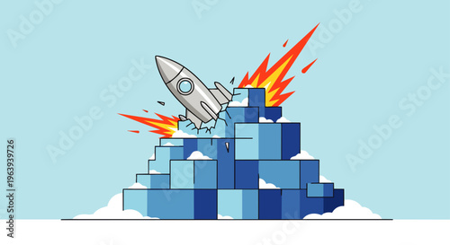 rocket breaking through block pyramid symbolizing breakthrough innovation and overcoming challenges for business progress and startup success