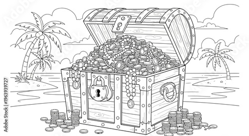 Treasure Chest Filled with Gold Coins and Jewelry Coloring Page