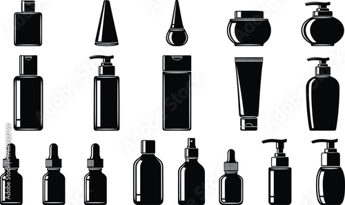 Black silhouette cosmetic bottles, skincare containers, lotion pump bottles, dropper bottles, cream jars, cosmetic packaging set, vector illustration