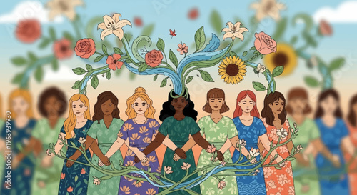 Diverse Women United by Flowers - A Celebration of Unity and Strength.