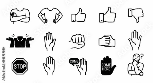 Diverse Hand Gestures and Body Language Illustrations.