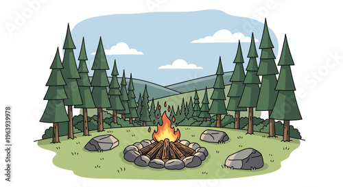 Cartoon Campfire in Pine Forest Clearing