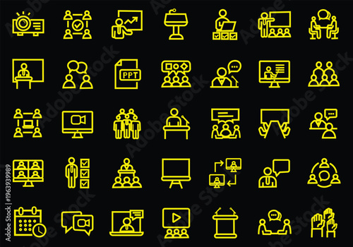Conference and Seminar icon set. Editable line icons. Vector illustration.