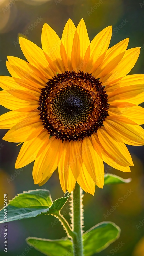 Fototapeta premium Close-up of a vibrant sunflower in full bloom, showcasing its golden petals and dark center, bathed in warm sunlight