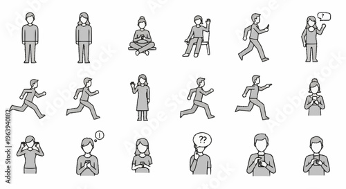 Diverse People Icons - Standing, Sitting, Running, and Communicating.