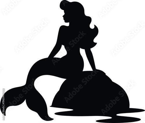 Black silhouette of beautiful mermaid sitting on rock, fantasy mythical creature, ocean water reflection, fairy tale illustration isolated on 