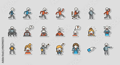 Diverse Set of Cartoon Stick Figures Expressing Various Emotions and Actions.