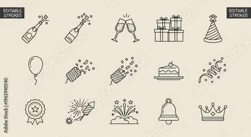 Birthday celebration icons including champagne gifts cake and party symbols in black line art on beige background
