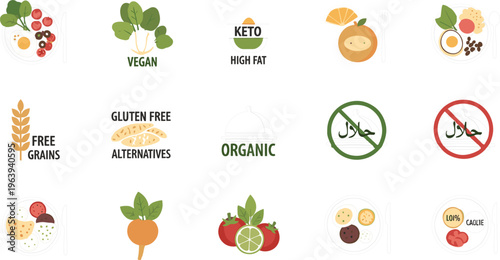 Healthy Diet and Food Lifestyle Icons Featuring Vegan, Keto, Gluten Free, and Organic Labels