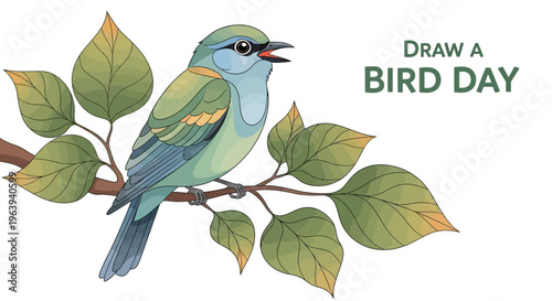 Vector illustration of a green bird perched on a branch with leaves and the text 'Draw a Bird Day' in the corner, celebrating a creative art challenge with a colorful design.