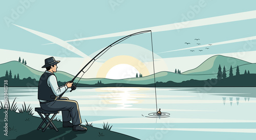 Man Fishing by a Calm Lake at Sunrise Illustration