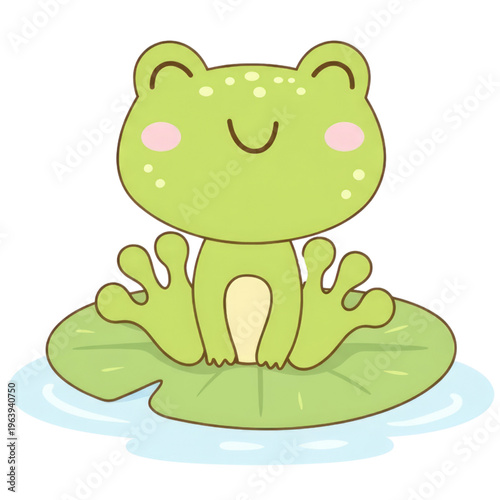 Cartoon Frog on Lily Pad: a friendly frog perches peacefully on a lily pad in tranquil water, radiating a sense of calmness. 