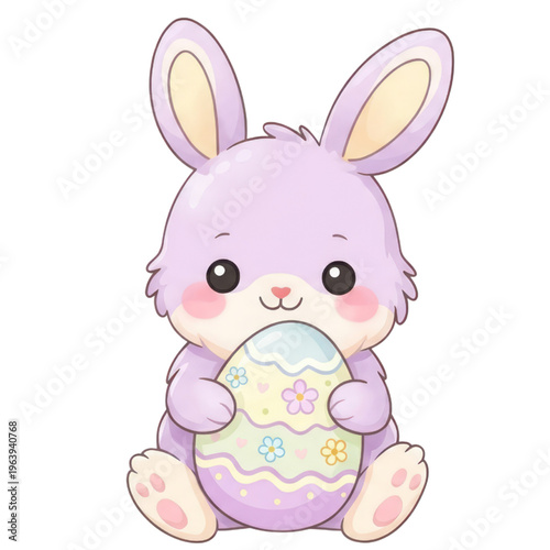 Easter Bunny and Egg: A cute, cartoon-style bunny is happily cradling a decorated Easter egg, exuding cheer and springtime vibes, perfect for Easter celebrations.