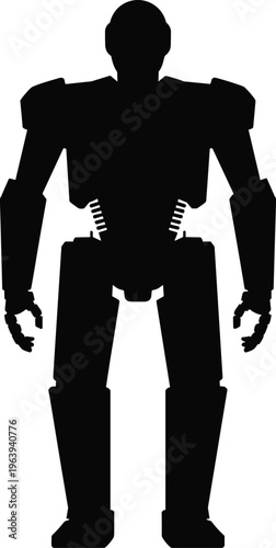 Black silhouette of futuristic robot standing front view, humanoid android design, technology concept, artificial intelligence illustration, isolated on white background
