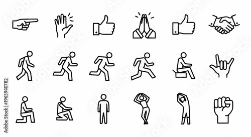 Diverse stick figure actions and hand gestures in a minimalist style.