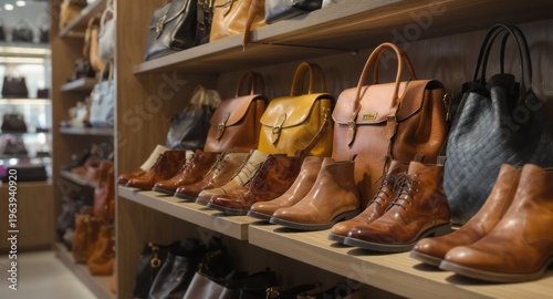 Display of leather handbags and boots neatly arranged on shelves in a store