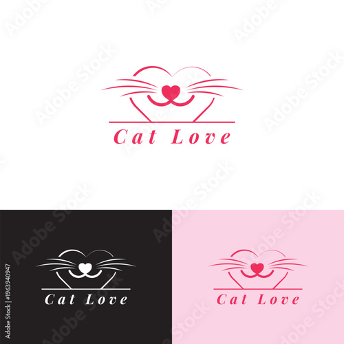 Cat Love Logo with Heart and Whiskers Icon