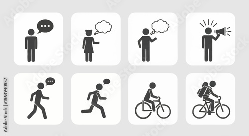 Diverse Stick Figure Icons Depicting Communication, Movement, and Transportation.
