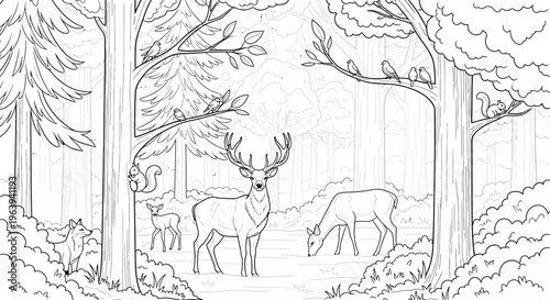 Forest Landscape Coloring Page with Deer and Woodland Animals