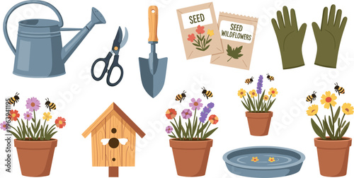Bee Friendly Garden Illustration Set Featuring Flowers, Watering Can, Seeds, Birdhouse, Tools and Pollinator Elements