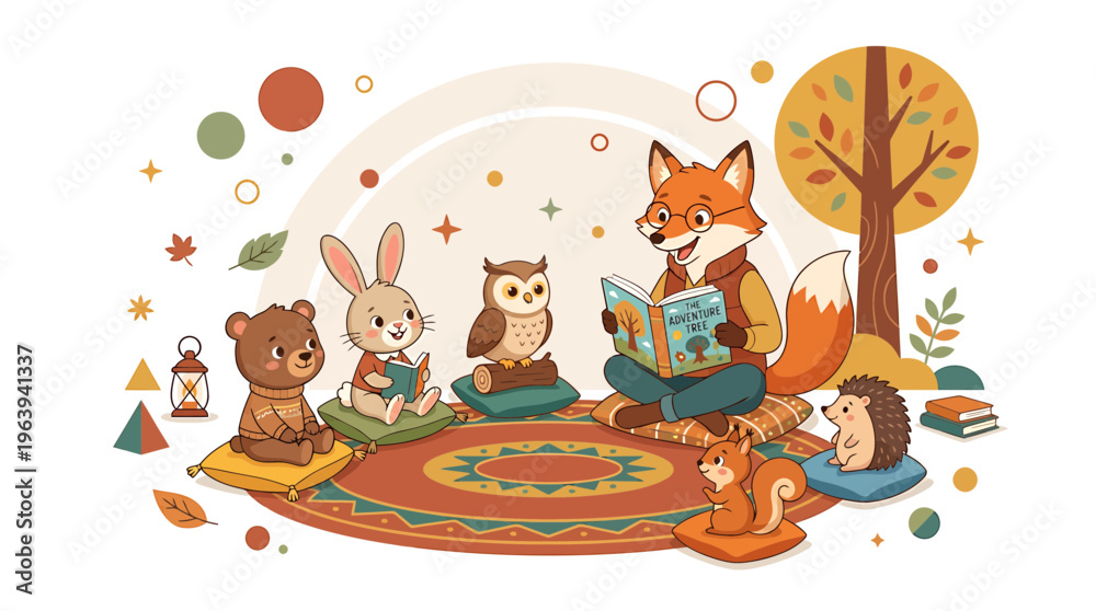 Fototapeta premium Cute Animals Reading Book Together In Forest Nature Scene