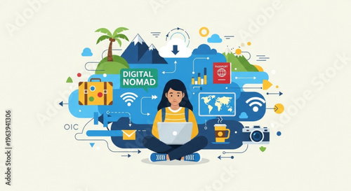 Digital nomad woman with laptop and travel icons remote work concept with globe technology and nature elements