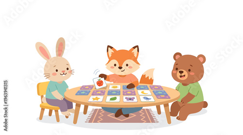 Cute Animals Playing Memory Game Cards on Table - Fox, Bear, Rabbit