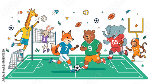 Cute Animals Playing Sports Together on a Field