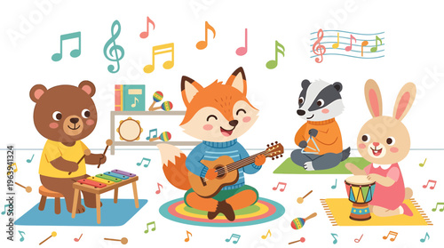 Cute Animals Playing Musical Instruments in a Music Class