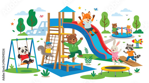 Cute Animals Playing on Playground Slide, Swing, and Trampoline