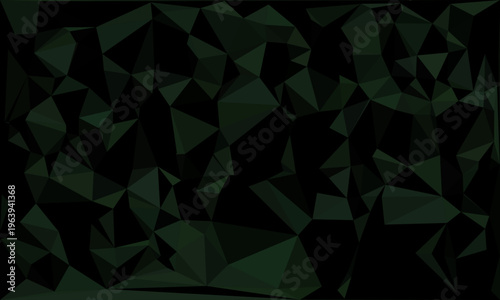 Dark abstract low poly background with deep green and black geometric polygons and sharp angular forms.