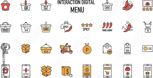 Digital Food Ordering Interaction Menu Icons Featuring Cart, Delivery, Payment, and Rating Symbols